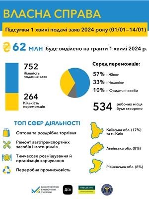 Власна справа: 264 українці стали переможцями першої у 2024 році хвилі подачі заяв на мікрогранти від держави 